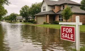Flooded home for sale elevation certificate - ALTA SURVEY Orlando Flooded residential street with a house and for sale sign showing why an elevation certificate is important for homebuyers