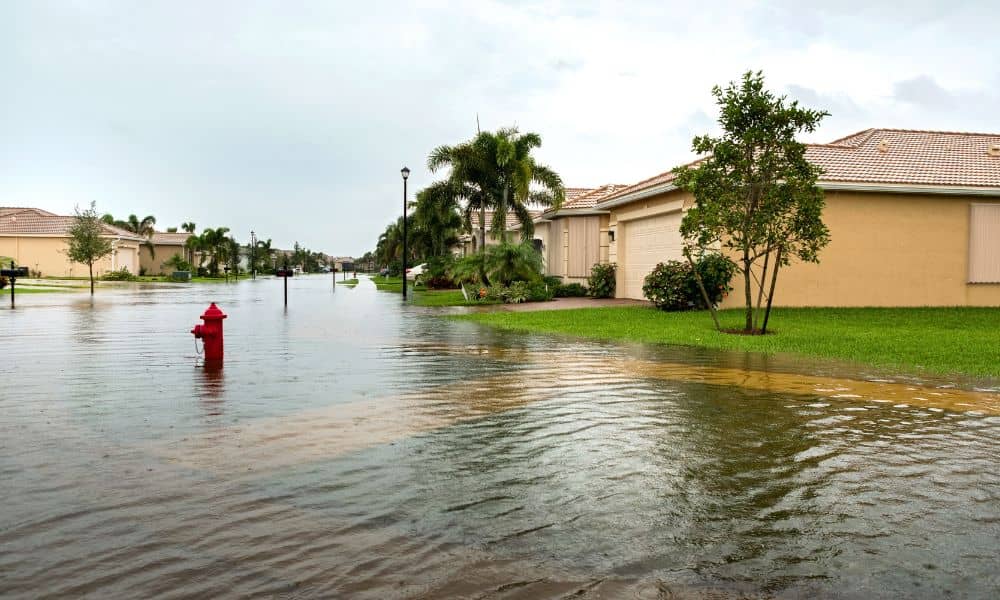 Flooded suburban neighborhood after heavy rain showing standing water near homes and lawns, highlighting the need for a boundary line survey