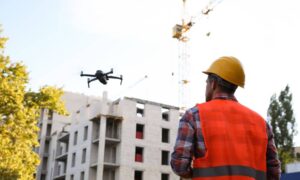 Drone surveying construction site - ALTA SURVEY Orlando An engineer uses a drone for an unmanned aerial system survey above an active construction site