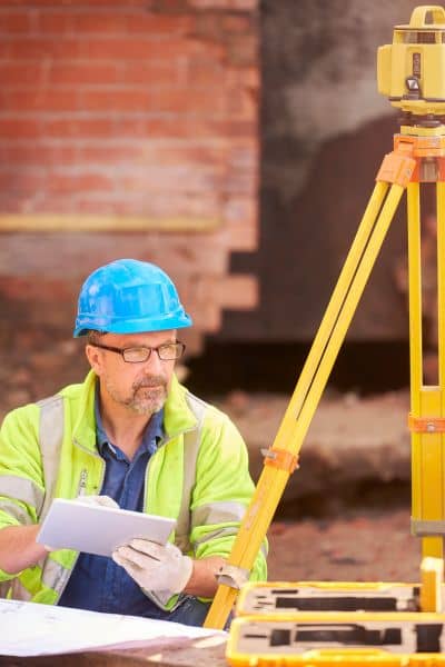 Land surveyor updating flood elevation certificate - ALTA SURVEY Orlando Licensed land surveyor using tripod and tablet to record elevation data for a flood elevation certificate after a storm
