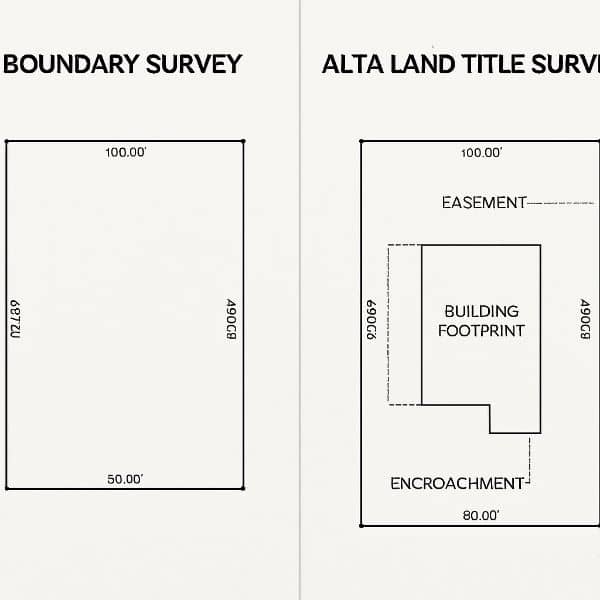 Comparison of a boundary survey and an ALTA Land Title Survey showing property lines, building footprint, easement, and encroachment details
