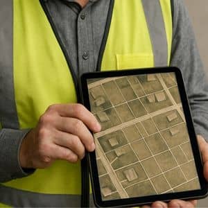 Aerial view showing drone land surveying used to visualize property boundaries and land layout