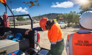 Drone land surveying professional site work - ALTA SURVEY Orlando Professional surveyors using a drone to collect accurate land and site data on an active project area