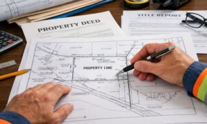 Property boundary records review before transfer - ALTA SURVEY Orlando Cadastral surveyor reviewing property boundary records and easement details before a property transfer