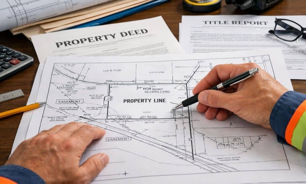 Cadastral surveyor reviewing property boundary records and easement details before a property transfer