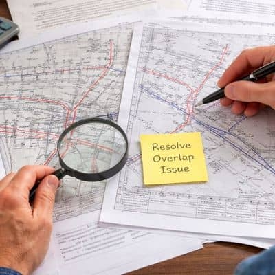 Cadastral surveyor reviewing conflicting property records and survey plats to resolve boundary issues before a property transfer