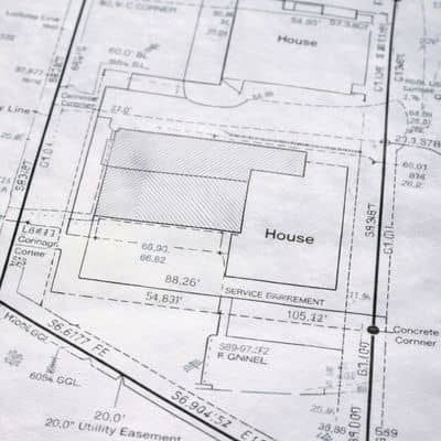 Technical plat drawing from a home survey showing property lines and setbacks
