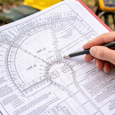 Boundary survey documents review - ALTA SURVEY Orlando Surveyor reviewing detailed boundary plans and measurements during a survey mapping review