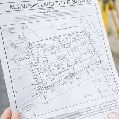 Certified property survey document used during an ALTA land survey showing measured boundaries and easements