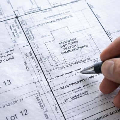 Detailed property map laid out on a desk during a house survey review, showing boundary lines and measurements
