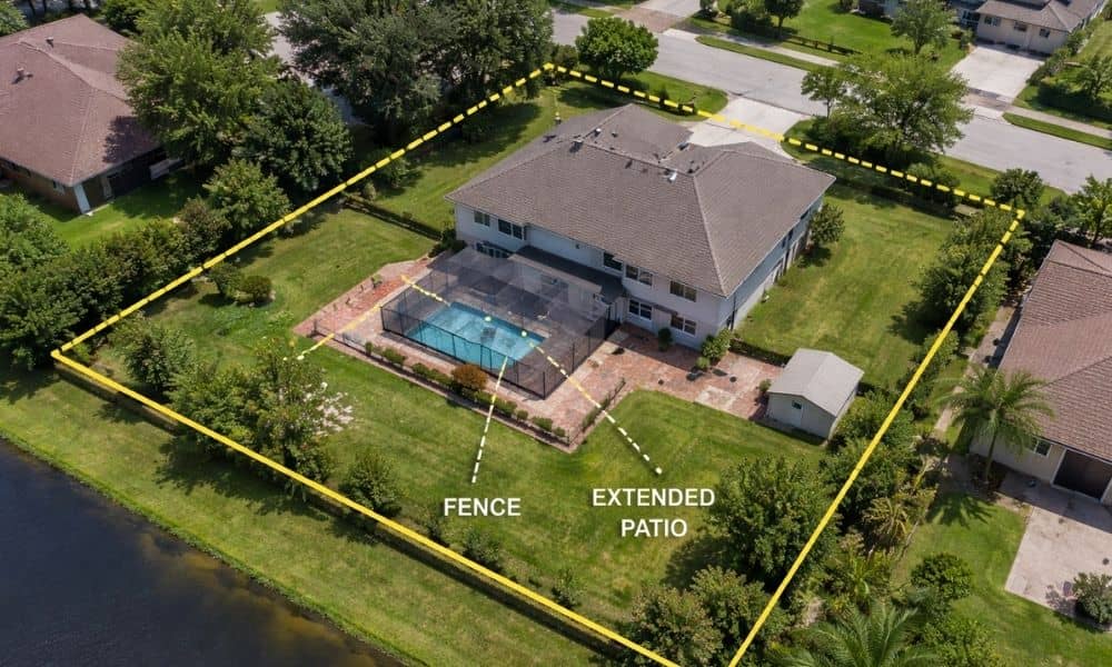 Aerial view of a residential property showing boundary lines and site changes verified by a licensed land surveyor