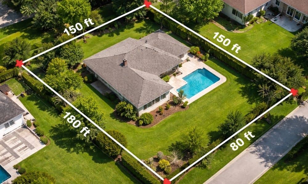 Aerial residential property boundary lines drone view - ALTA SURVEY Orlando Aerial view of a residential property with a lot survey showing boundary lines and measurements