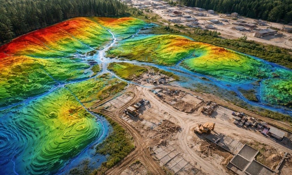 Lidar mapping terrain model showing elevation changes and stormwater flow across a construction site after heavy rain