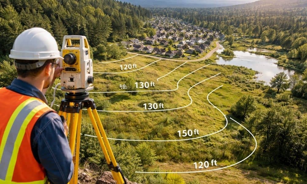 A licensed land surveyor uses a total station to measure elevation on a residential property with visible elevation contours, showing varied terrain and flood risk areas