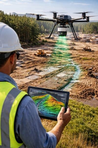 Drone terrain elevation scan construction site - ALTA SURVEY Orlando Drone capturing lidar mapping data over a construction site to analyze terrain elevation and drainage patterns