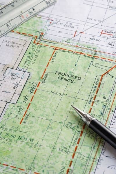 Close-up of a property survey plan showing fence layout and measurements prepared by a residential surveyor for permit approval