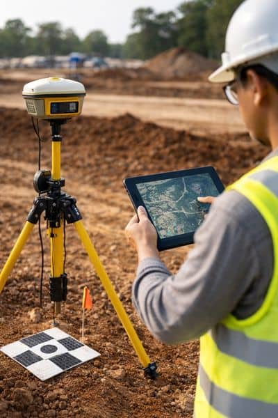 Gps surveyor field verification - ALTA SURVEY Orlando Surveyor using GPS equipment and tablet on a construction site, showing how surveying companies ensure accurate land data