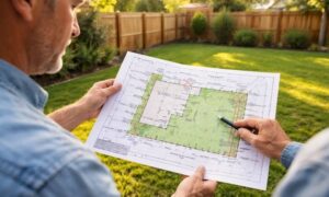 Homeowner reviewing backyard fence plan - ALTA SURVEY Orlando Homeowner reviewing a backyard fence layout plan with a residential surveyor to prepare for permit approval