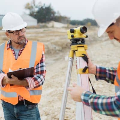 Land surveyor measuring development site - ALTA SURVEY Orlando Surveyor using equipment to measure land for an alta survey at a development site