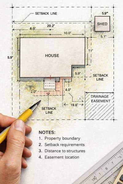 Detailed property survey plan showing boundary lines, measurements, and structures verified by a licensed land surveyor