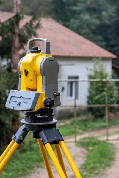 Land surveyor using measuring equipment to perform a metes and bounds survey near a residential property