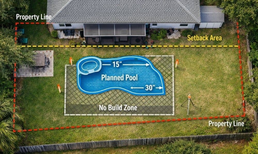 A residential backyard showing property lines and pool placement based on land surveying