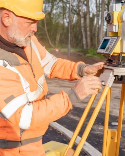 Land surveyor setting up total station site measurement - ALTA SURVEY Orlando Surveyor setting up equipment to measure land for property line survey and lot split planning on a residential development site