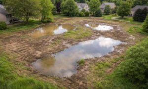 Land with water pooling low spots aerial view - ALTA SURVEY Orlando Aerial view of land showing water pooling in low spots after rain, highlighting how lidar mapping helps detect hidden elevation issues