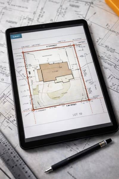 Digital tablet showing a detailed property boundary survey map with marked lot lines and residential layout plans on a desk
