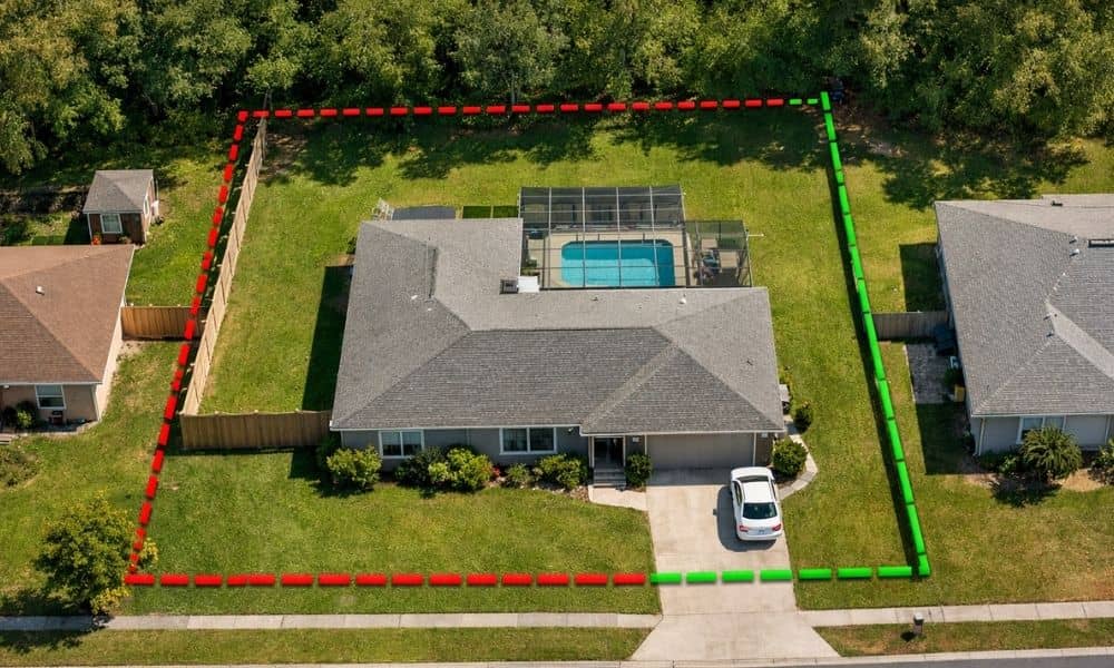 Residential lot boundary overlay aerial view - ALTA SURVEY Orlando Aerial view of a residential property with clearly marked boundary lines showing where a property line survey defines accurate lot limits