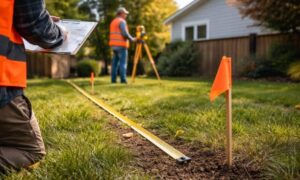 Suburban home with survey stakes and markers showing a boundary survey in a residential yard during daylight