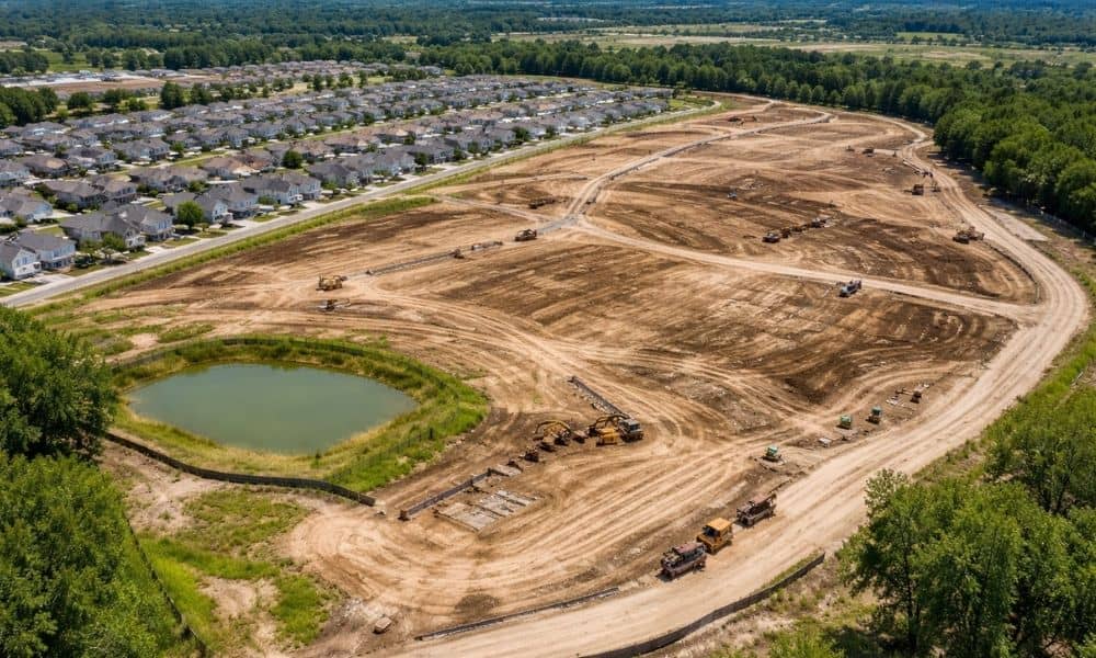 Sloped residential development drainage view - ALTA SURVEY Orlando Aerial view of a sloped residential development site showing drainage flow and surrounding homes, highlighting conditions assessed in an ALTA land survey