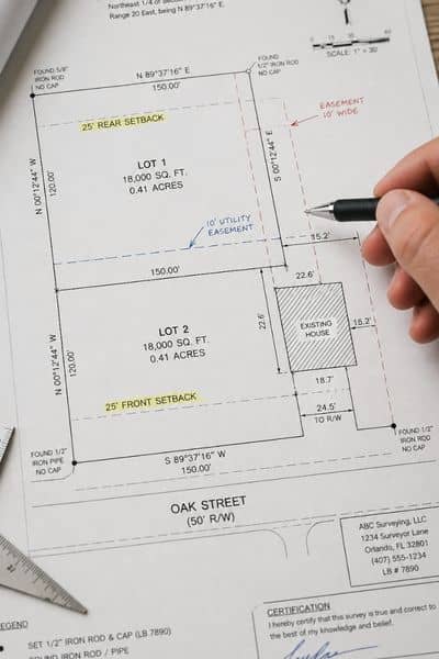 Close-up of a plat of survey with boundary lines, measurements, and marked details for a lot split