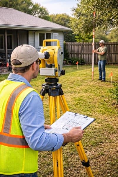 Surveyor measuring a residential backyard using equipment as part of land surveying before pool planning