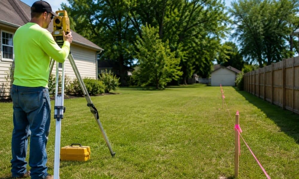 Land surveyor measuring residential property boundaries with marked survey stakes along a backyard lot line
