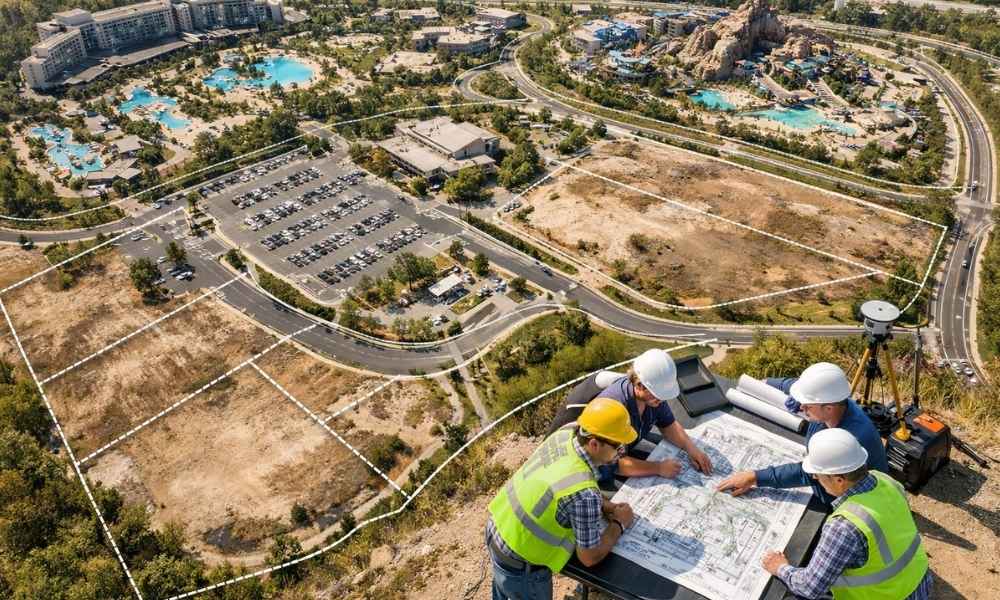 Aerial view of a resort development site where engineers use an ALTA land survey to plan a theme-area expansion