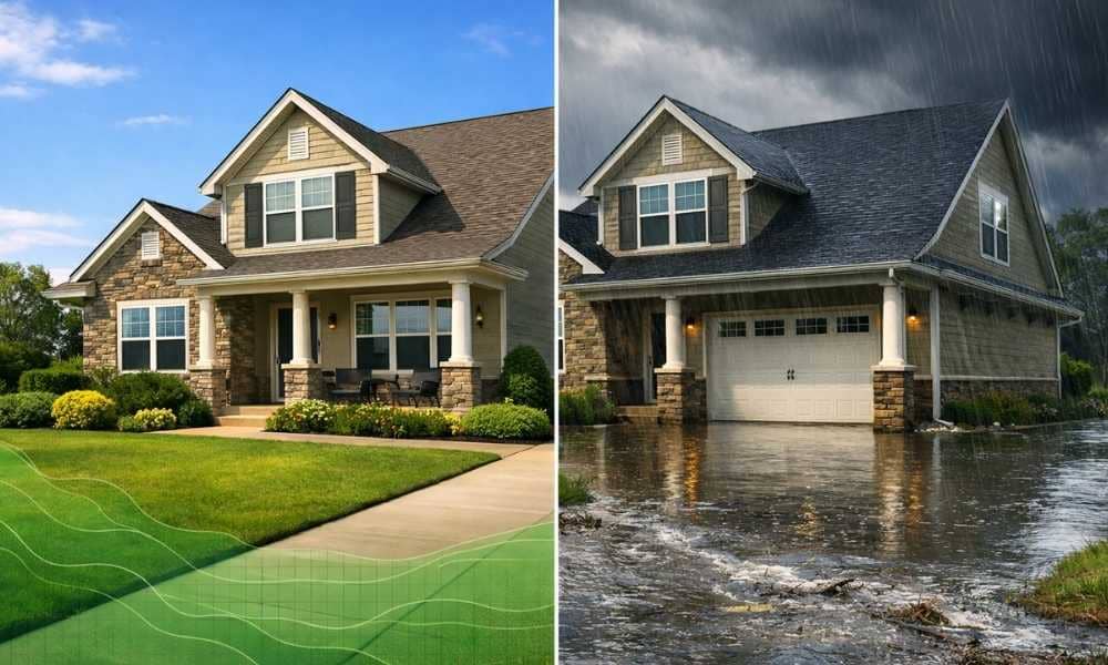 Fema flood risk home before after survey - ALTA SURVEY Orlando Side-by-side comparison of a home showing dry conditions in a FEMA low-risk zone and the same property flooding during heavy rain, demonstrating how a land survey reveals actual flood risk