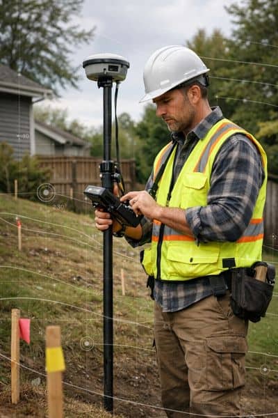 Land surveyor checking property elevation flood risk - ALTA SURVEY Orlando Land surveyor using GPS equipment to check property elevation and assess flood risk for accurate site measurement and flood planning