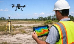 A surveyor uses LiDAR mapping to identify subtle elevation changes and potential drainage issues before site design