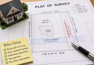 Plat of survey showing recorded easement locations that buyers should review before closing on a property