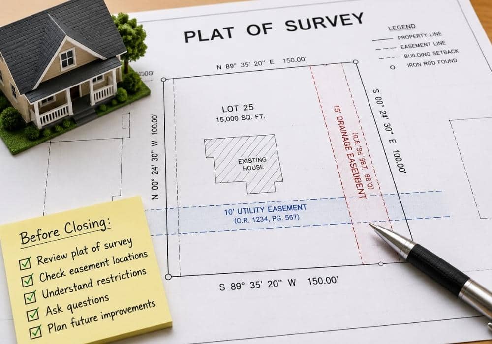 Plat of survey easement before closing - ALTA SURVEY Orlando Plat of survey showing recorded easement locations that buyers should review before closing on a property
