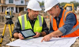 A builder reviews site plans with a surveying company at a residential construction site before permit submission