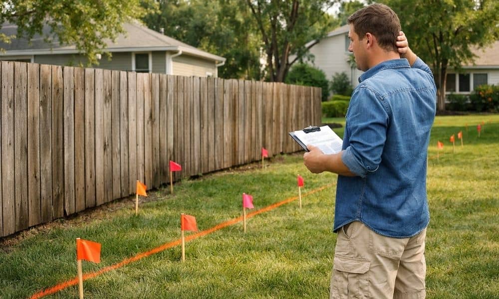 Homeowner reviewing survey markers after a house survey revealed a fence does not align with the property's legal boundary line