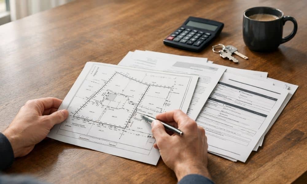 A homebuyer reviews a property survey and closing paperwork at a table with a calculator and house keys nearby