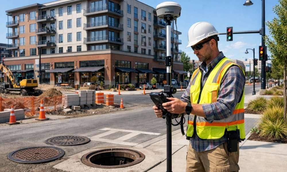 Land surveyor performing survey mapping at a mixed-use development with retail storefronts, apartments, and underground utility access before construction