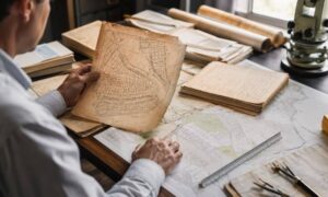 Cadastral surveyor reviewing older property records in Central Florida