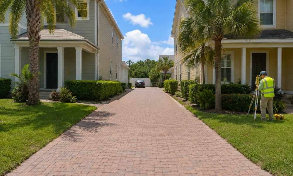 Surveyor reviewing a shared driveway between neighboring homes in Orlando Florida before a property closing