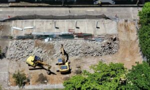 Aerial view of an active construction site where drone surveying can capture detailed site conditions