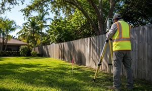 Surveyor conducting a topographic survey beside a residential backyard fence in Florida