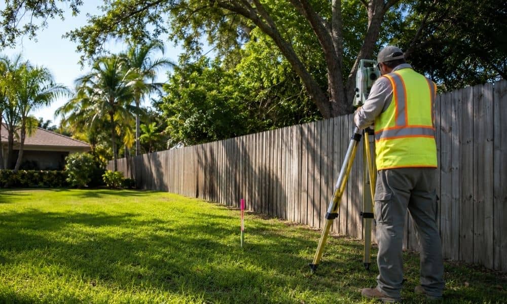 Surveyor conducting a topographic survey beside a residential backyard fence in Florida